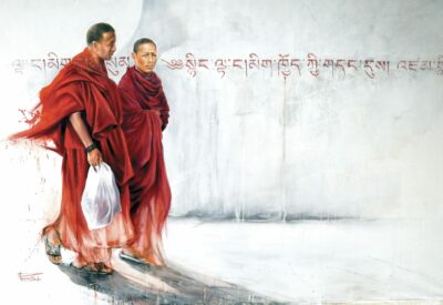 Sonia Privat : tirage d'art dessin deux moines à Bodnath, Népal - Bouts du monde