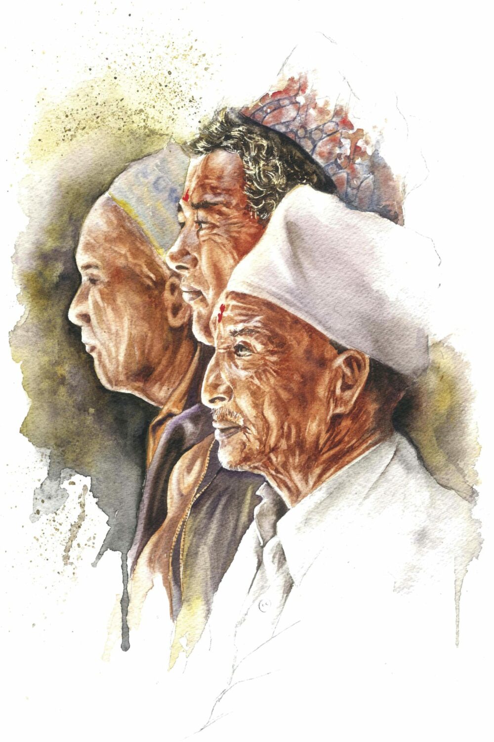 tirage d'art dessin : trois hommes à Bhaktapur par Sonia Privat, cornettiste, Népal, Bouts du monde