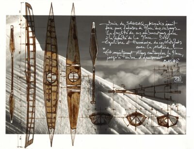 Nicolas Roux : tirage d'art dessin, Kayaks inuits par Nicolas Roux, Groenland - Bouts du monde