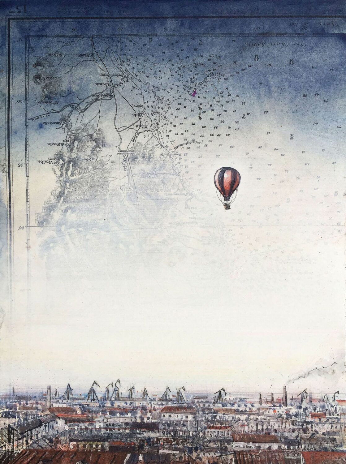 Dessin de Yann Letestu montrant une montgolfière volant au-dessus de la ville de Moscou en Russie