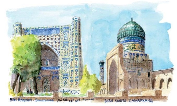 Dessin de Shah-i-Zinda et de la mosquée Bibi Khanoum réalisé par Philippe Bichon